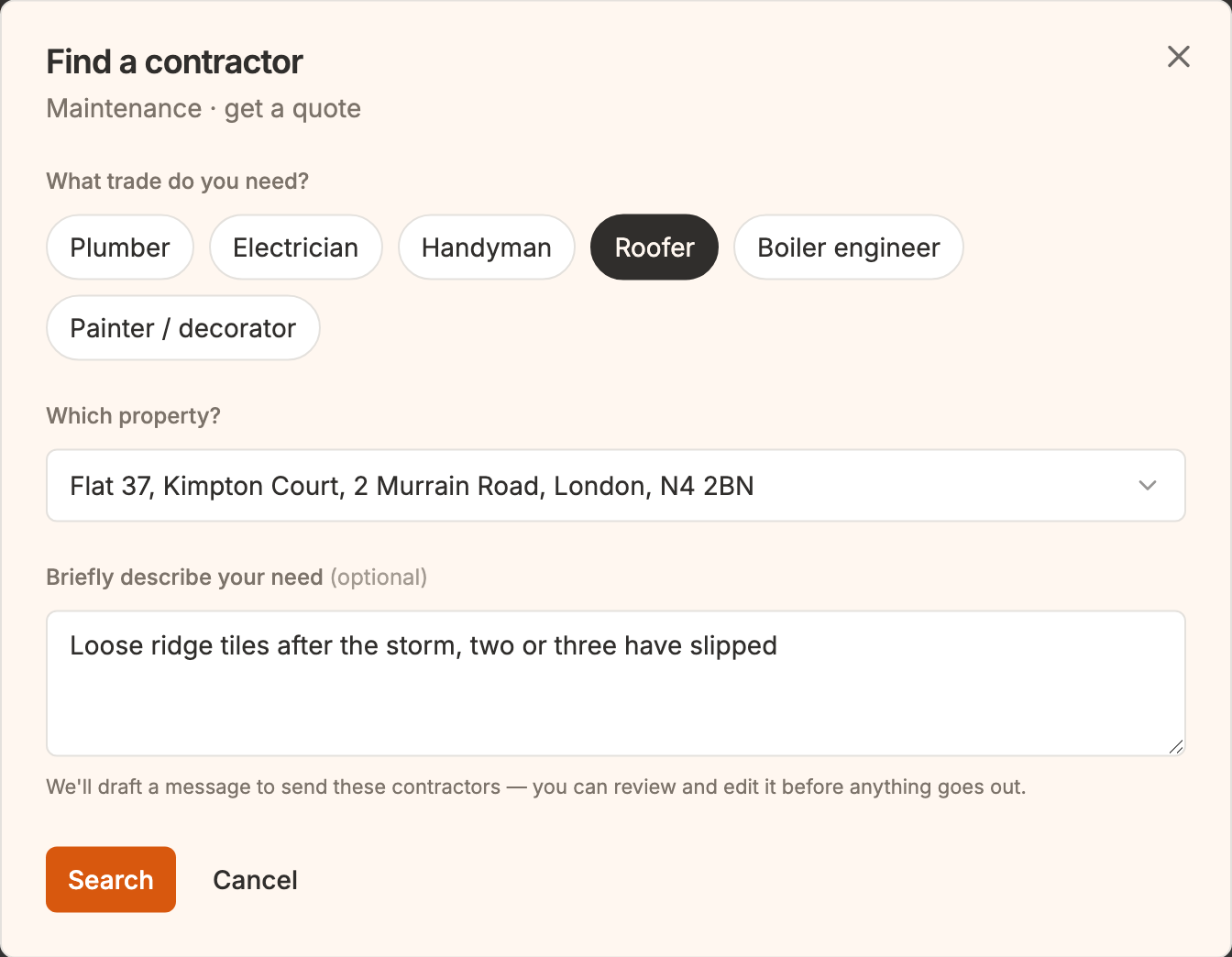 The Find a contractor window with Roofer chosen, Flat 37 as the property and a short description typed