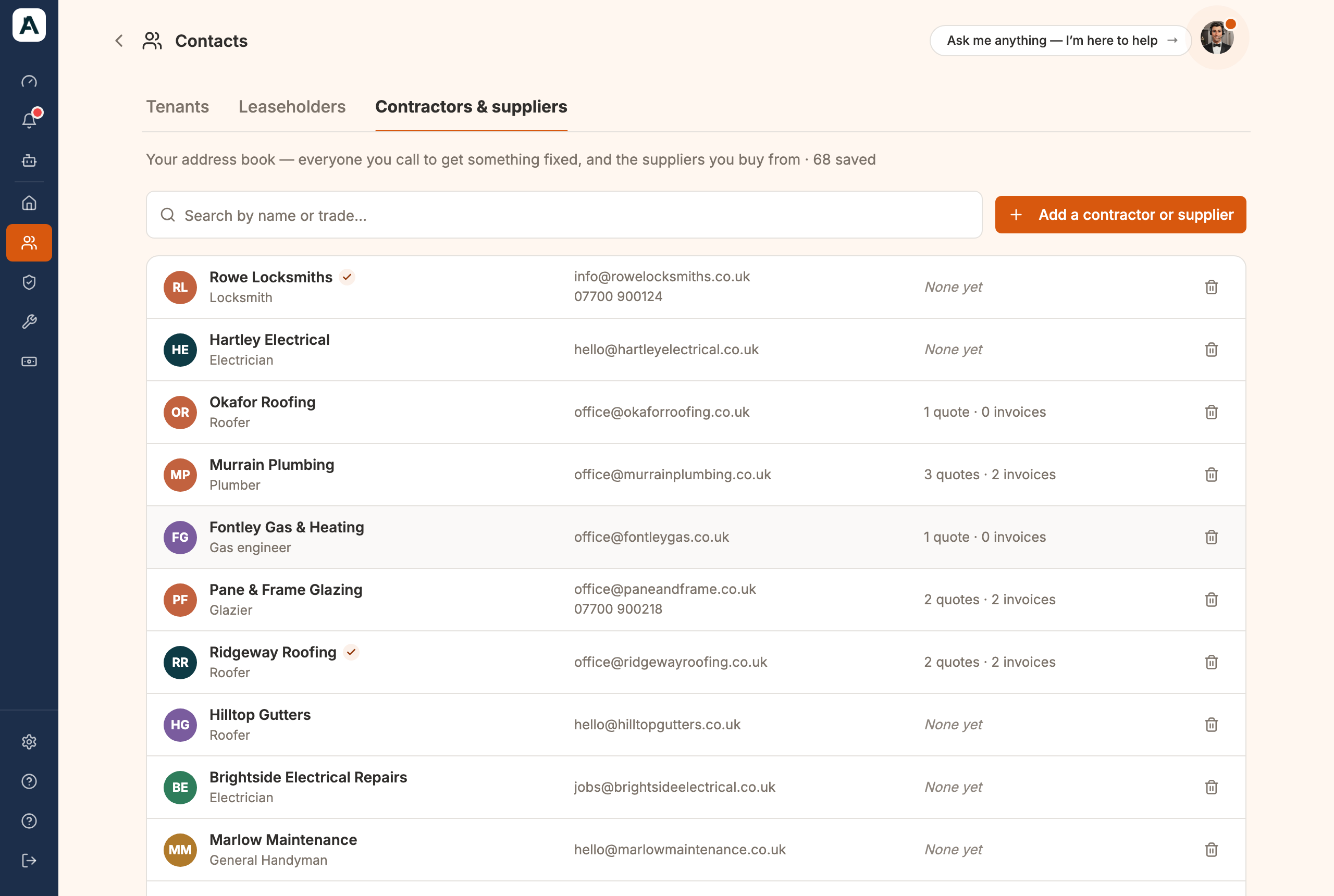 The Contractors & suppliers tab of Contacts, a list of saved contractors with trade, contact details and quotes and invoices