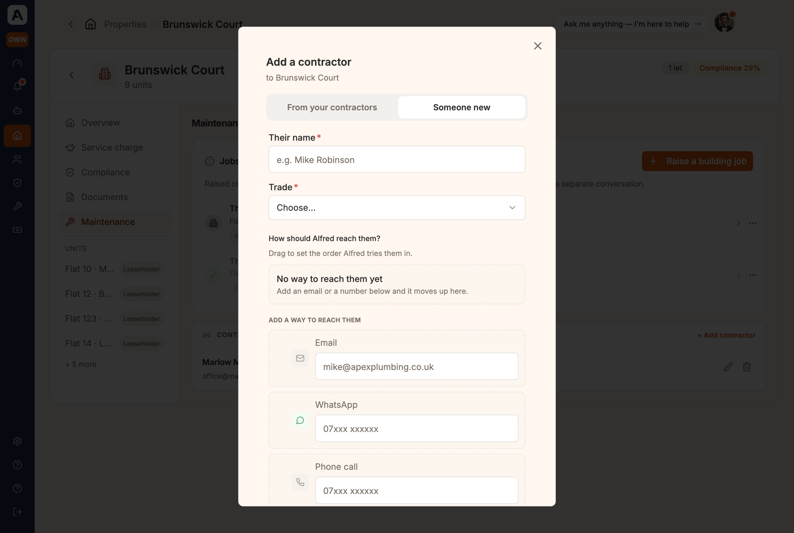 Adding a contractor: their name, trade, and the ways Alfred can reach them, in the order he tries