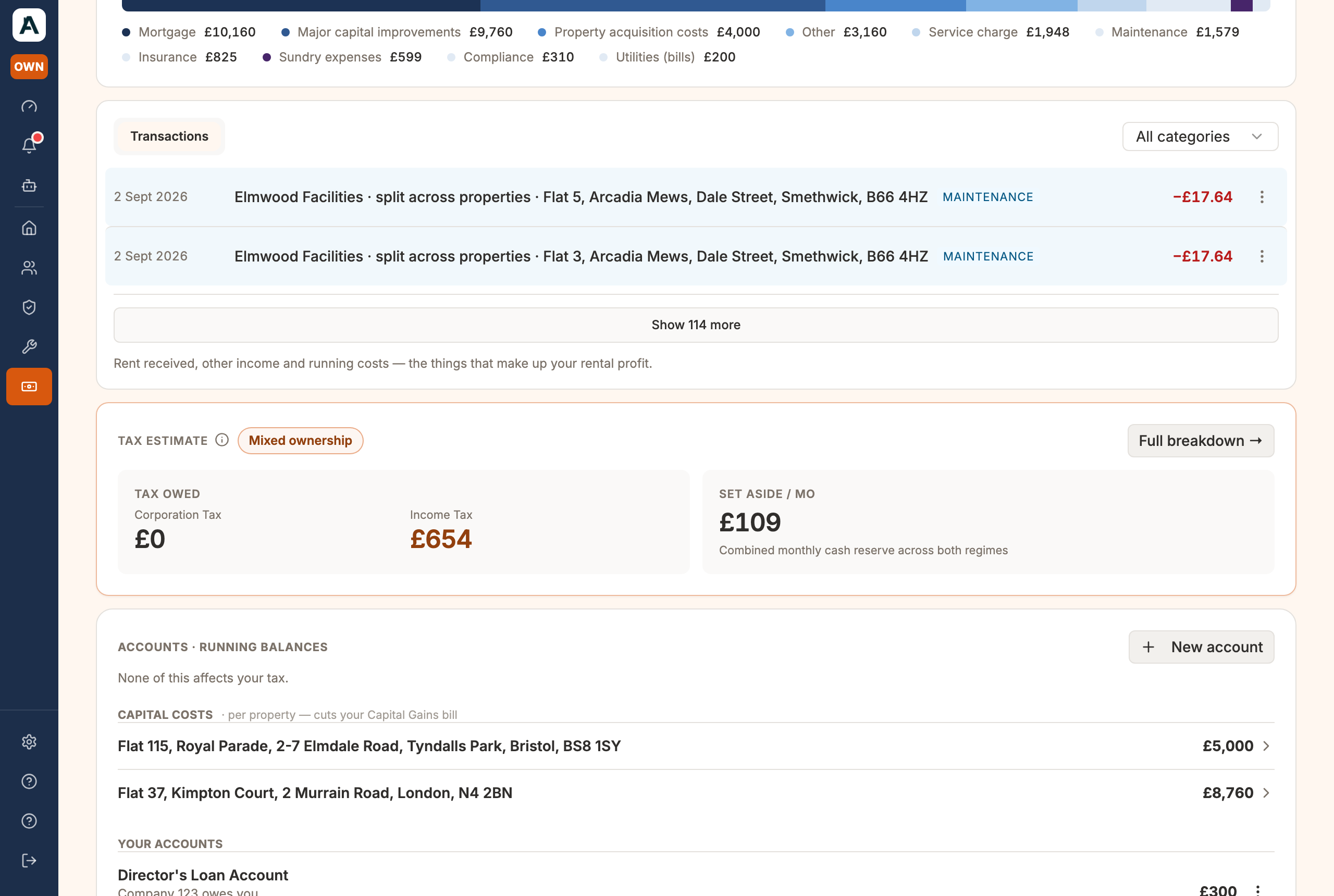 The Tax estimate on the Finance page: income tax and corporation tax owed, and what to set aside each month
